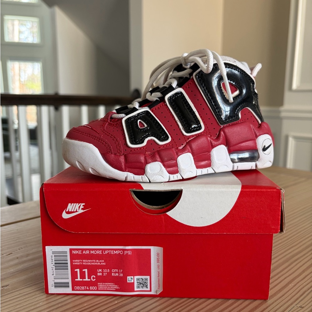 Nike Air More Uptempo Kids Sneakers - Varsity Red, Black, White Size 11C